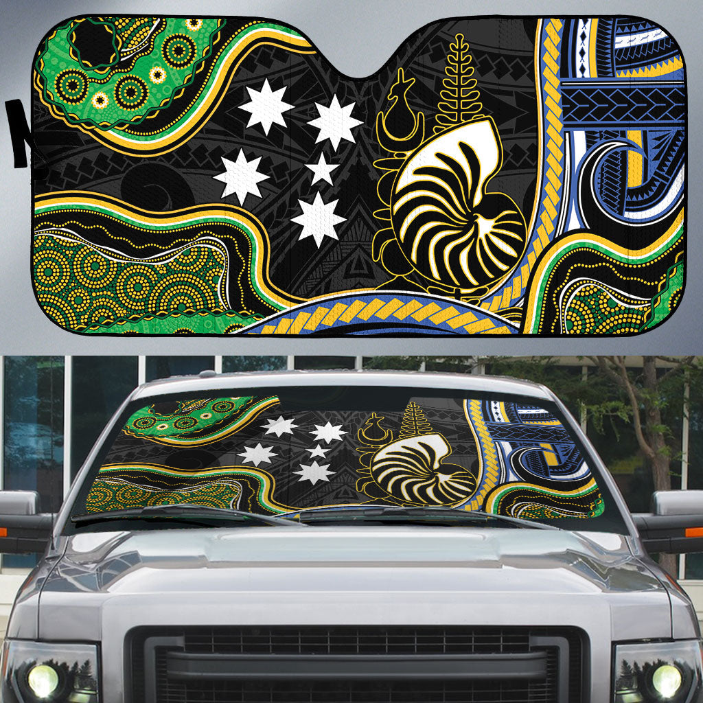 South Sea Islanders And New Caledonia Auto Sun Shade Nautilus Shell Southern Cross Tribal Pattern DT05 Black - Polynesian Pride