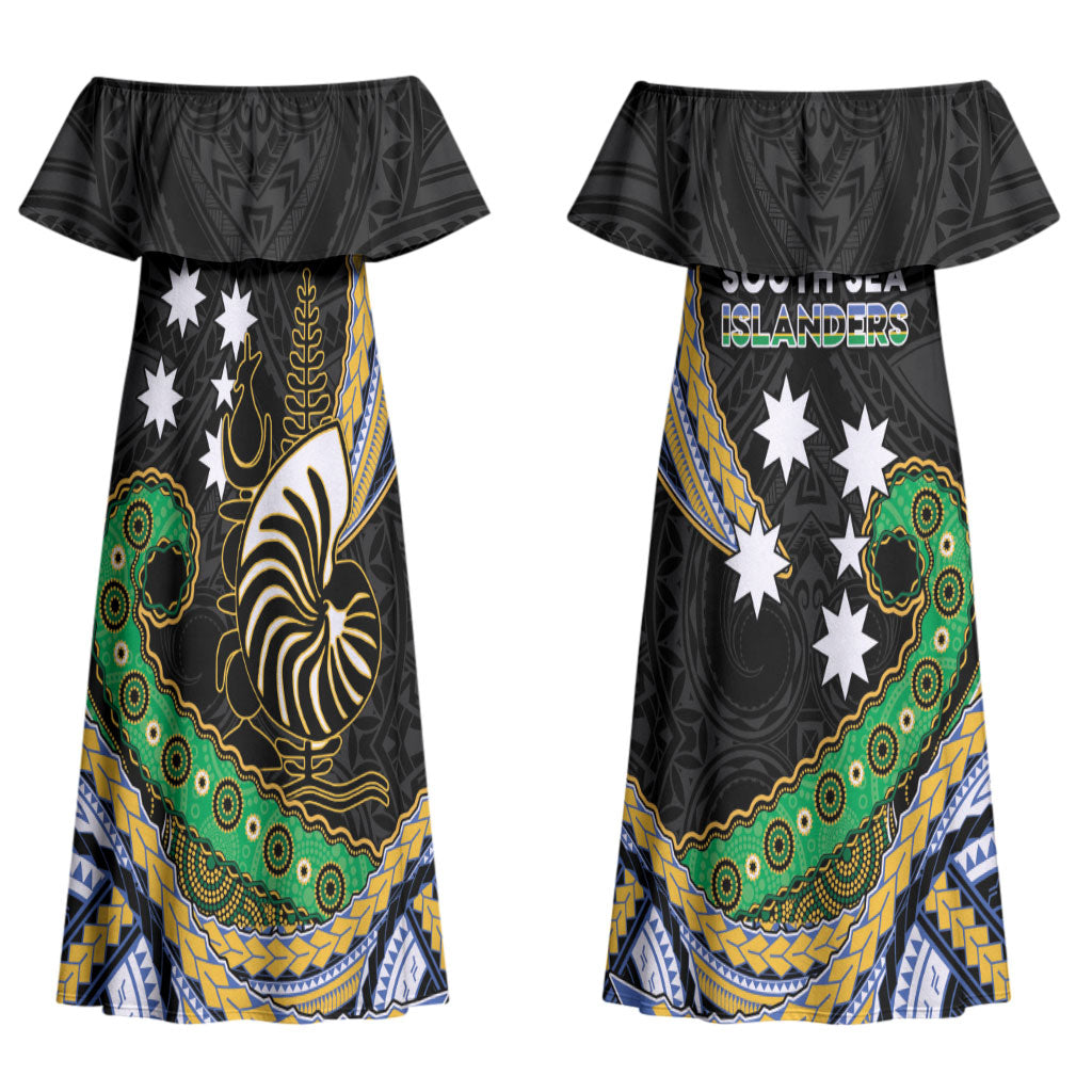 South Sea Islanders And New Caledonia Couples Matching Off Shoulder Maxi Dress and Long Sleeve Button Shirt Nautilus Shell Southern Cross Tribal Pattern DT05 - Polynesian Pride