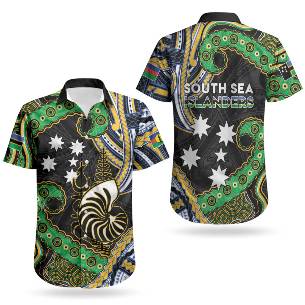 South Sea Islanders And New Caledonia Couples Matching Off Shoulder Short Dress and Hawaiian Shirt Nautilus Shell Southern Cross Tribal Pattern DT05 - Polynesian Pride