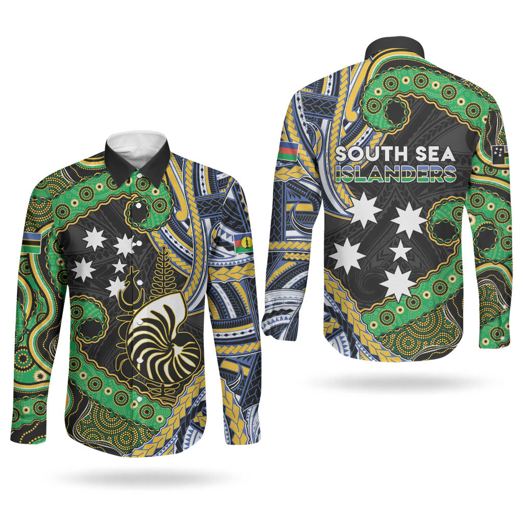 South Sea Islanders And New Caledonia Couples Matching Off The Shoulder Long Sleeve Dress and Long Sleeve Button Shirt Nautilus Shell Southern Cross Tribal Pattern DT05 - Polynesian Pride