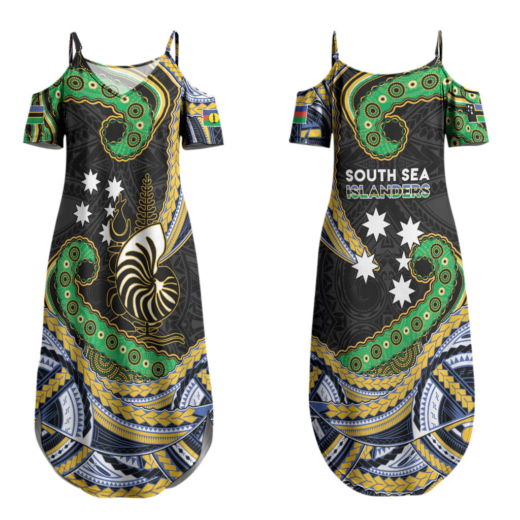 South Sea Islanders And New Caledonia Couples Matching Summer Maxi Dress and Long Sleeve Button Shirt Nautilus Shell Southern Cross Tribal Pattern DT05 - Polynesian Pride