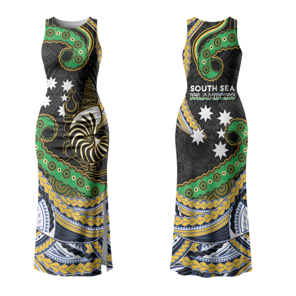 South Sea Islanders And New Caledonia Couples Matching Tank Maxi Dress and Long Sleeve Button Shirt Nautilus Shell Southern Cross Tribal Pattern DT05 - Polynesian Pride
