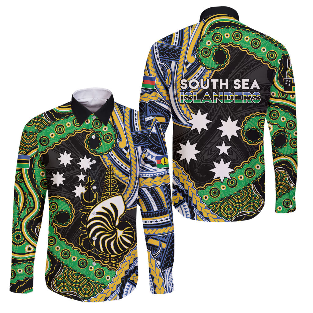 South Sea Islanders And New Caledonia Family Matching Mermaid Dress and Hawaiian Shirt Nautilus Shell Southern Cross Tribal Pattern DT05 Dad's Shirt - Long Sleeve Black - Polynesian Pride