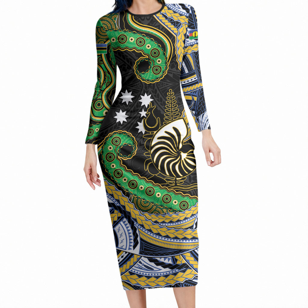 South Sea Islanders And New Caledonia Long Sleeve Bodycon Dress Nautilus Shell Southern Cross Tribal Pattern DT05 Long Dress Black - Polynesian Pride