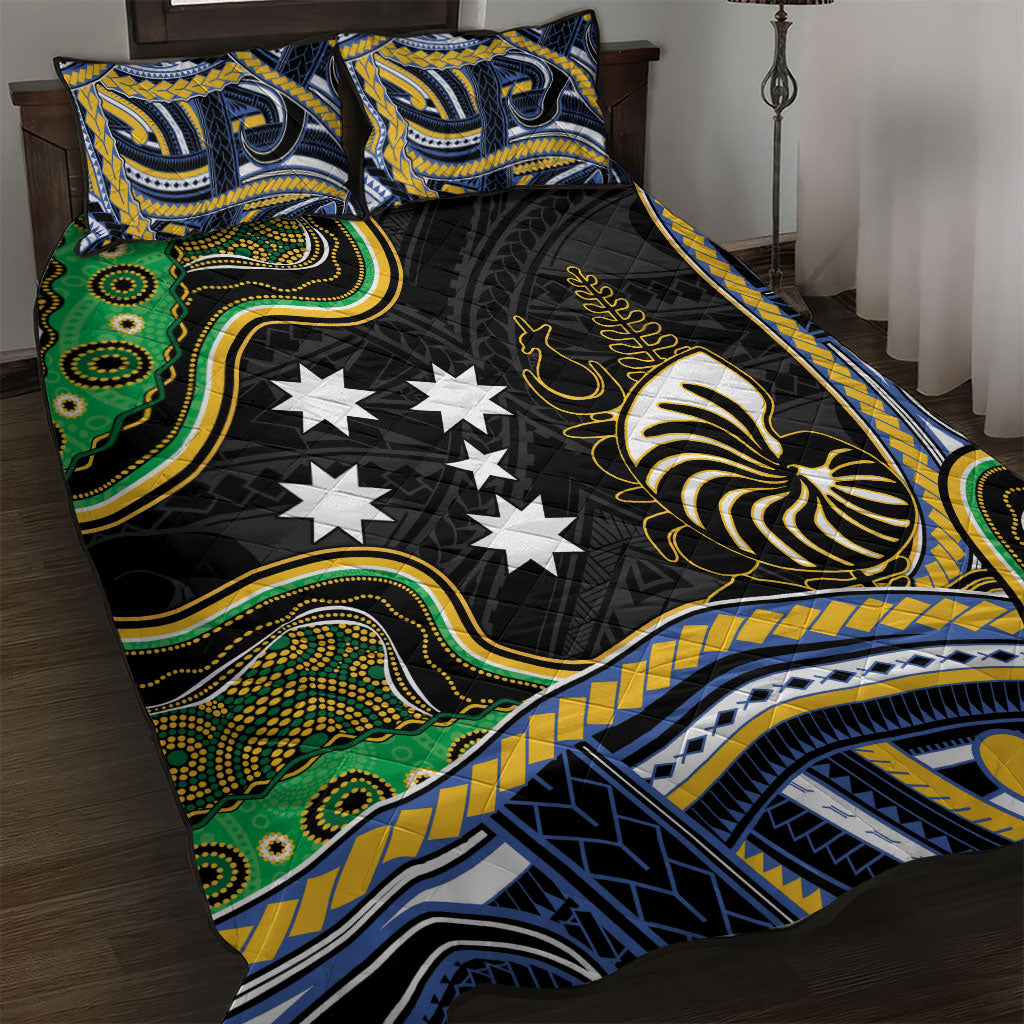 South Sea Islanders And New Caledonia Quilt Bed Set Nautilus Shell Southern Cross Tribal Pattern DT05 Black - Polynesian Pride