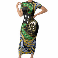 South Sea Islanders And New Caledonia Short Sleeve Bodycon Dress Nautilus Shell Southern Cross Tribal Pattern DT05 Long Dress Black - Polynesian Pride