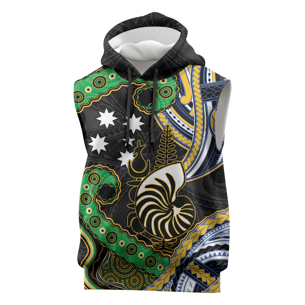 South Sea Islanders And New Caledonia Sleeveless Hoodie Nautilus Shell Southern Cross Tribal Pattern DT05 Black - Polynesian Pride
