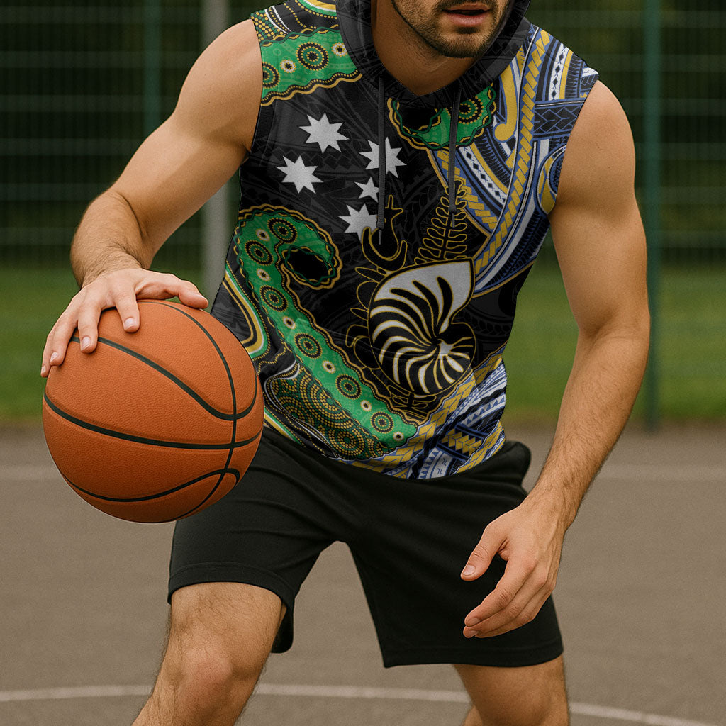 South Sea Islanders And New Caledonia Sleeveless Hoodie Nautilus Shell Southern Cross Tribal Pattern DT05 - Polynesian Pride