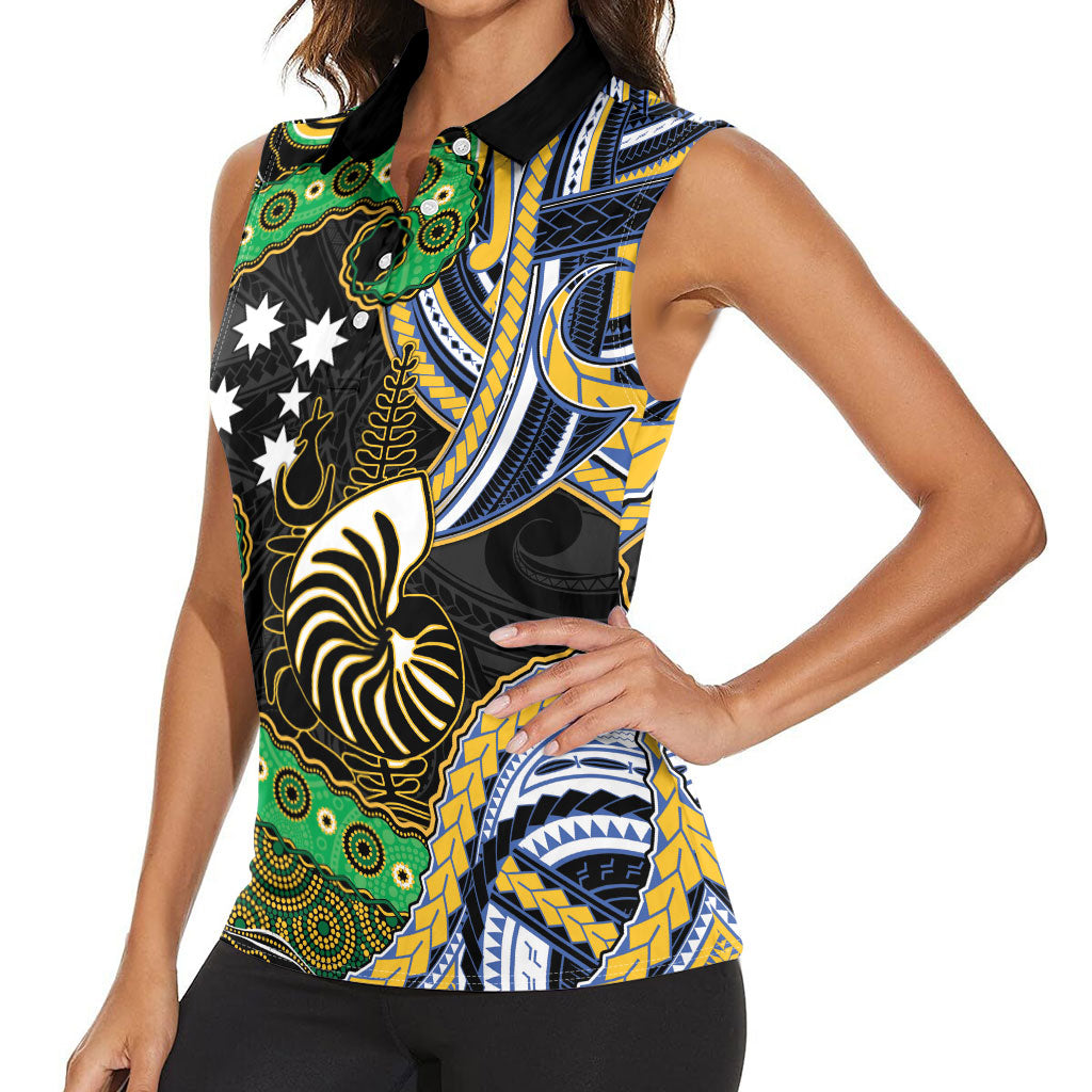 South Sea Islanders And New Caledonia Women Sleeveless Polo Shirt Nautilus Shell Southern Cross Tribal Pattern DT05 - Polynesian Pride