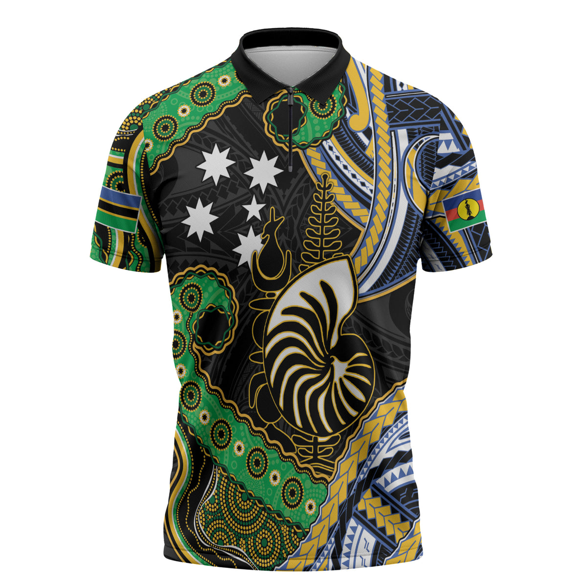 South Sea Islanders And New Caledonia Zipper Polo Shirt Nautilus Shell Southern Cross Tribal Pattern DT05 Black - Polynesian Pride