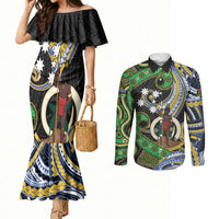 South Sea Islanders And Vanuatu Couples Matching Mermaid Dress and Long Sleeve Button Shirt Boar Tusk Warrior Southern Tribal Pattern DT05 Black - Polynesian Pride