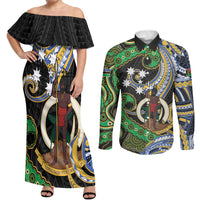 South Sea Islanders And Vanuatu Couples Matching Off Shoulder Maxi Dress and Long Sleeve Button Shirt Boar Tusk Warrior Southern Tribal Pattern DT05 Black - Polynesian Pride