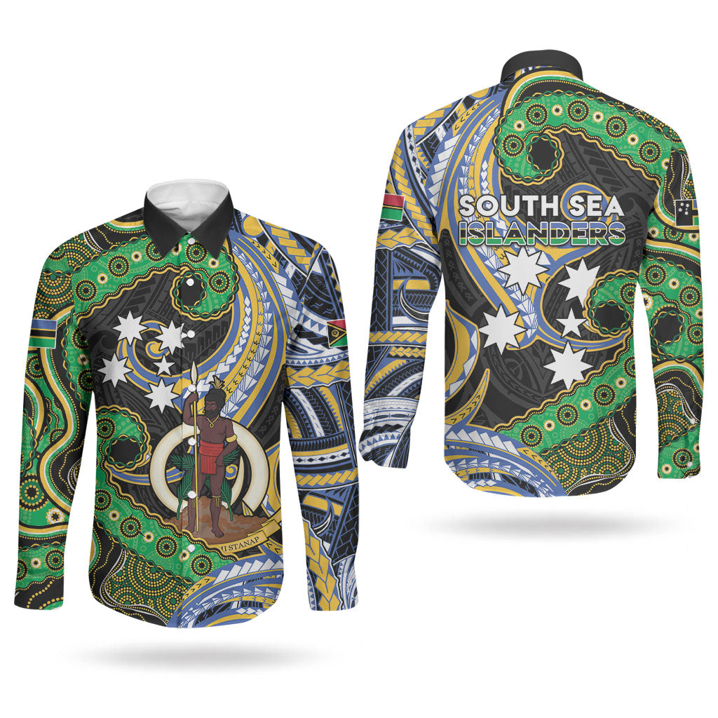 South Sea Islanders And Vanuatu Couples Matching Off Shoulder Maxi Dress and Long Sleeve Button Shirt Boar Tusk Warrior Southern Tribal Pattern DT05 - Polynesian Pride