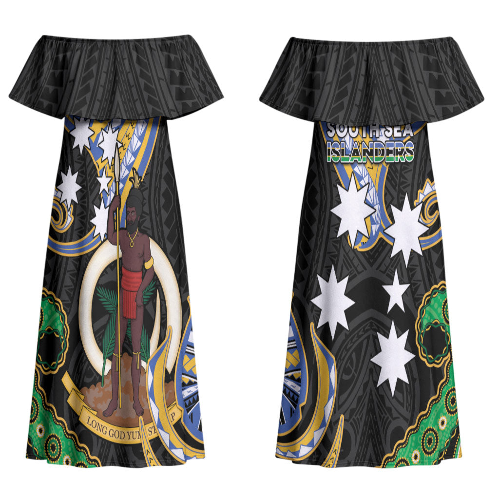 South Sea Islanders And Vanuatu Couples Matching Off Shoulder Maxi Dress and Long Sleeve Button Shirt Boar Tusk Warrior Southern Tribal Pattern DT05 - Polynesian Pride