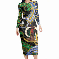 South Sea Islanders And Vanuatu Long Sleeve Bodycon Dress Boar Tusk Warrior Southern Tribal Pattern DT05 Long Dress Black - Polynesian Pride