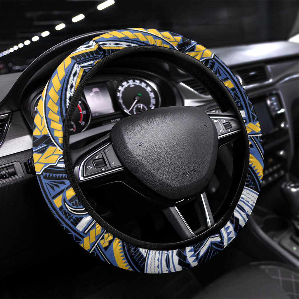 South Sea Islanders And Vanuatu Steering Wheel Cover Boar Tusk Warrior Southern Tribal Pattern DT05 Universal Fit Black - Polynesian Pride