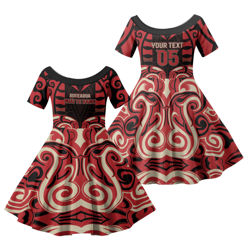 Custom Aotearoa Ngai Te Rangi Family Matching Off The Shoulder Long Sleeve Dress and Hawaiian Shirt New Zealand Traditional Maori Pattern DT05 Daughter's Dress Red - Polynesian Pride