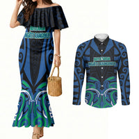Custom Aotearoa Ngati Ranginui Couples Matching Mermaid Dress and Long Sleeve Button Shirt New Zealand Traditional Maori Pattern DT05 Navy - Polynesian Pride