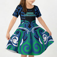 Custom Aotearoa Ngati Ranginui Kid Short Sleeve Dress New Zealand Traditional Maori Pattern DT05 KID Navy - Polynesian Pride