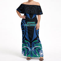 Custom Aotearoa Ngati Ranginui Off Shoulder Maxi Dress New Zealand Traditional Maori Pattern DT05 Women Navy - Polynesian Pride