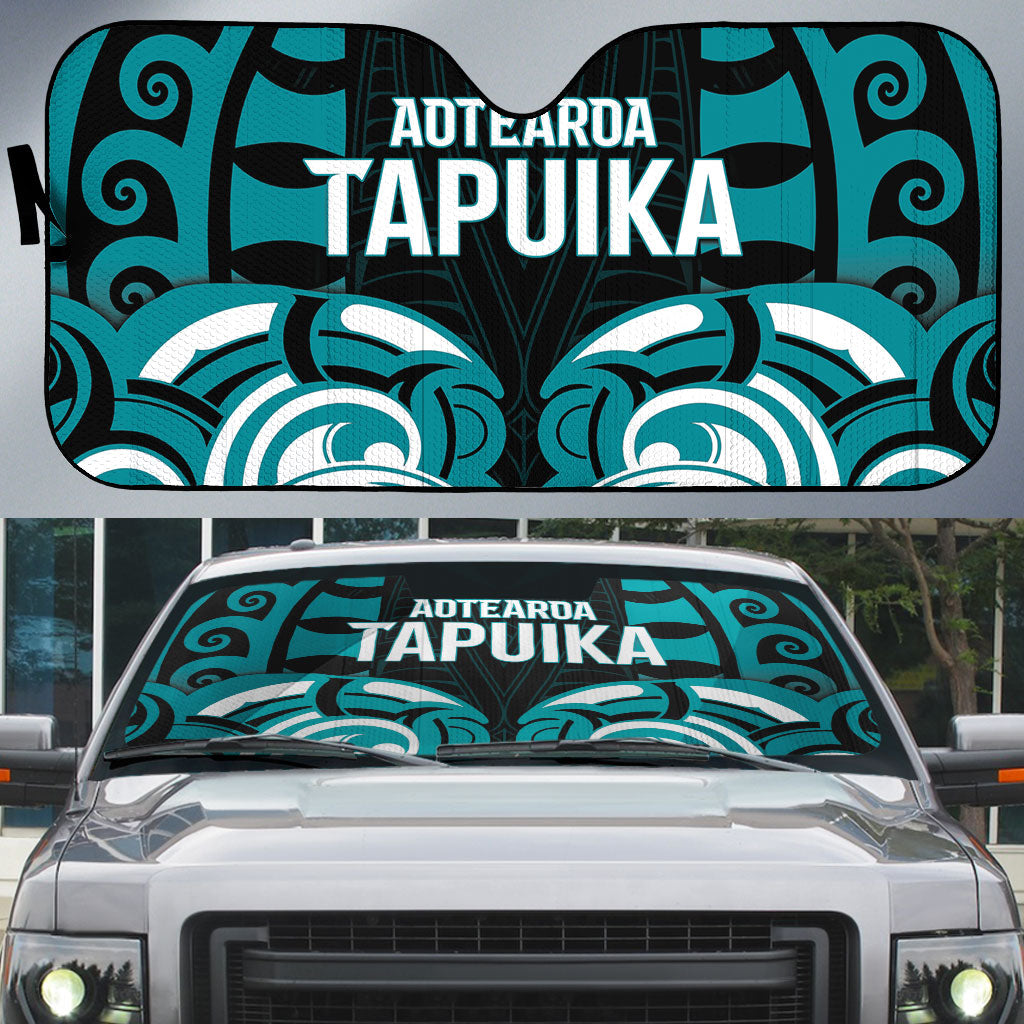 Aotearoa Tapuika Auto Sun Shade New Zealand Traditional Maori Pattern DT05 Teal - Polynesian Pride