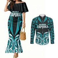 Custom Aotearoa Tapuika Couples Matching Mermaid Dress and Long Sleeve Button Shirt New Zealand Traditional Maori Pattern DT05 Teal - Polynesian Pride