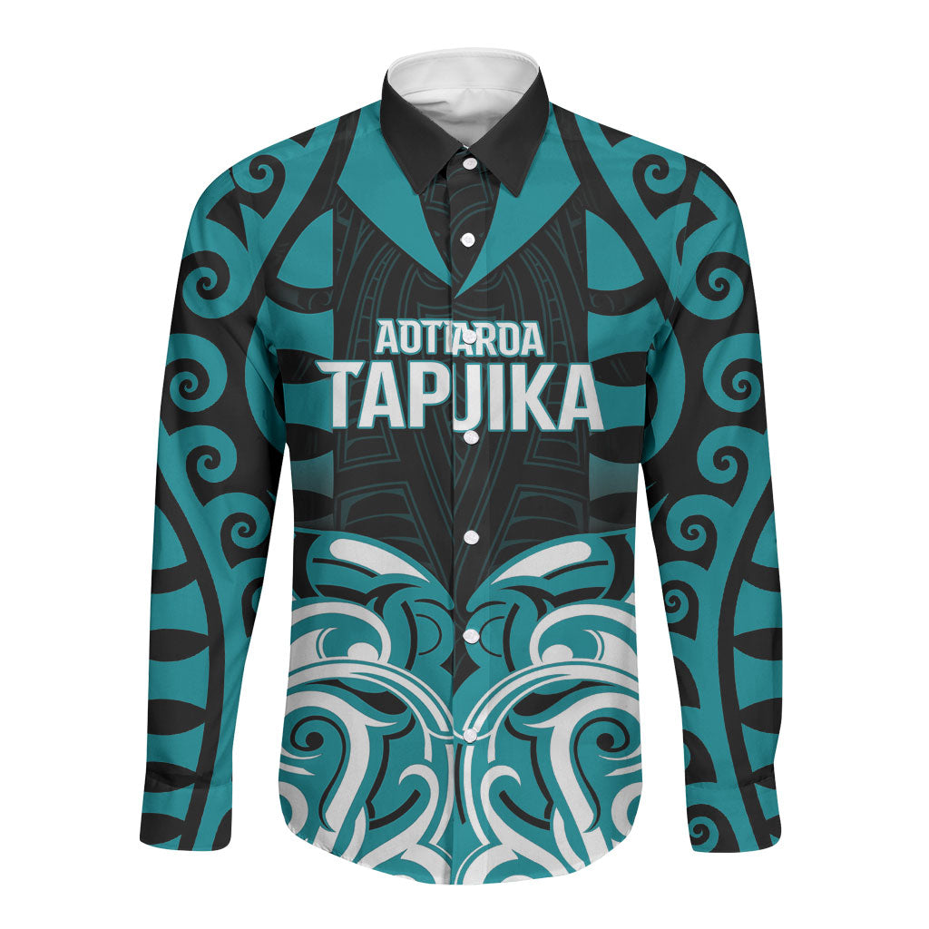 Custom Aotearoa Tapuika Long Sleeve Button Shirt New Zealand Traditional Maori Pattern DT05 Unisex Teal - Polynesian Pride