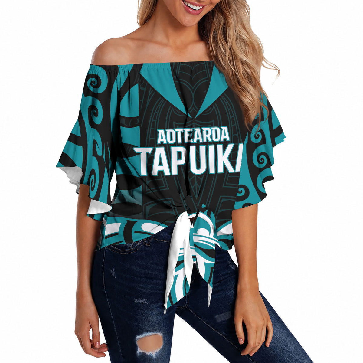 Custom Aotearoa Tapuika Off Shoulder Wrap Waist Top New Zealand Traditional Maori Pattern DT05 Teal - Polynesian Pride