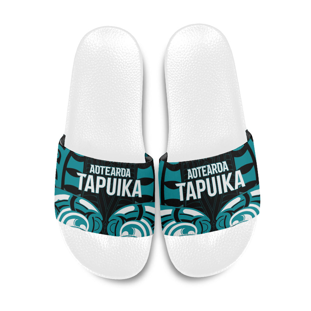 Aotearoa Tapuika Slide Sandals New Zealand Traditional Maori Pattern DT05 Teal - Polynesian Pride