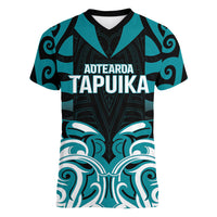 Custom Aotearoa Tapuika Women V-Neck T-Shirt New Zealand Traditional Maori Pattern DT05 Female Teal - Polynesian Pride