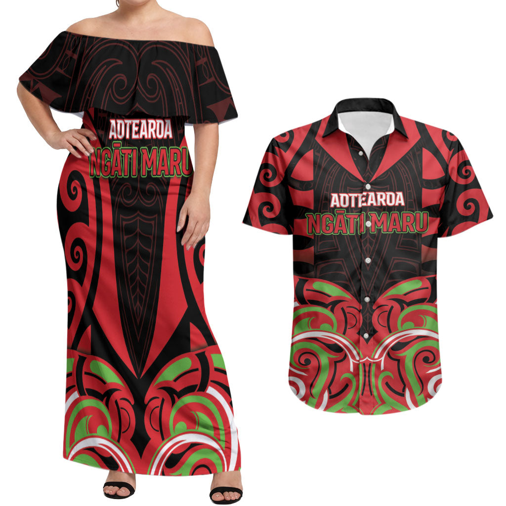 Custom Aotearoa Ngati Maru Couples Matching Off Shoulder Maxi Dress and Hawaiian Shirt New Zealand Traditional Maori Pattern DT05 Red - Polynesian Pride