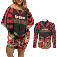 Custom Aotearoa Ngati Maru Couples Matching Off Shoulder Short Dress and Long Sleeve Button Shirt New Zealand Traditional Maori Pattern DT05 Red - Polynesian Pride