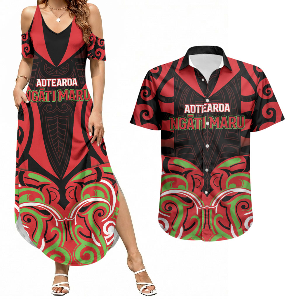Custom Aotearoa Ngati Maru Couples Matching Summer Maxi Dress and Hawaiian Shirt New Zealand Traditional Maori Pattern DT05 Red - Polynesian Pride