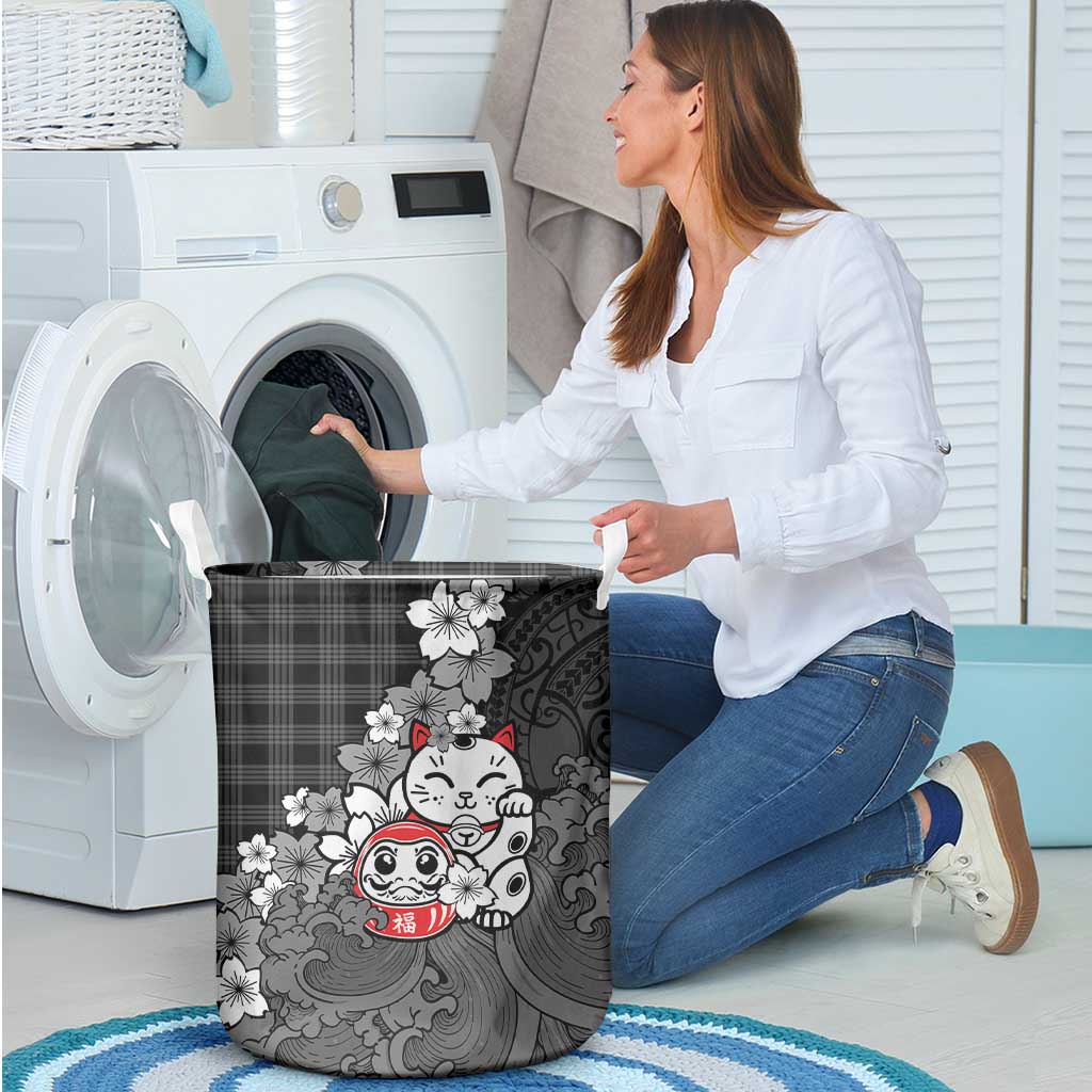 Black Palaka Hawaiian And Japanese Laundry Basket Maneki Neko And Sakura Bloom