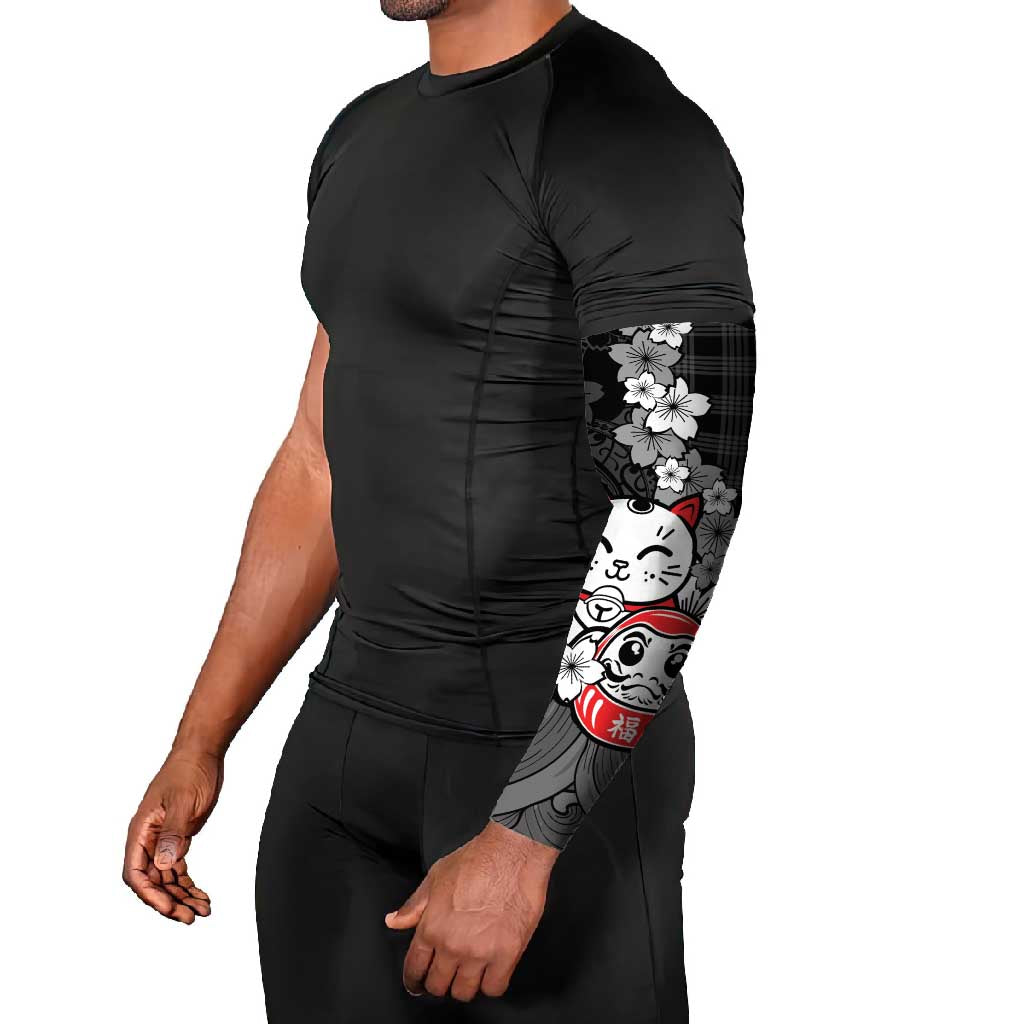 Black Palaka Hawaiian And Japanese Arm Sleeves Maneki Neko And Sakura Bloom