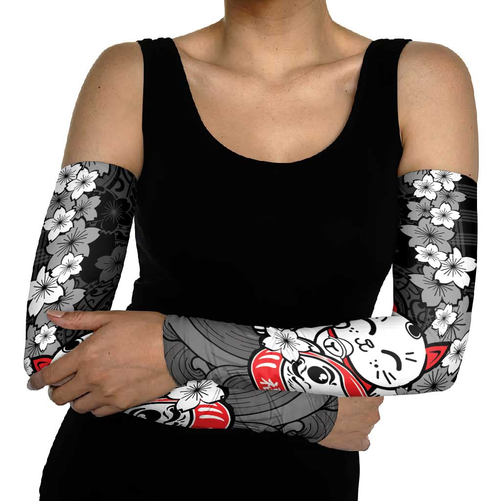 Black Palaka Hawaiian And Japanese Arm Sleeves Maneki Neko And Sakura Bloom