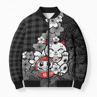 Black Palaka Hawaiian And Japanese Bomber Puffer Jacket Maneki Neko And Sakura Bloom