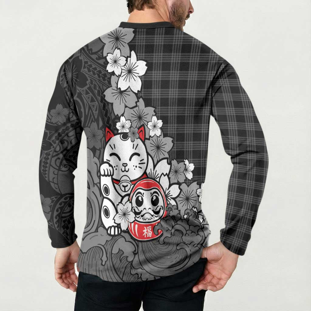 Black Palaka Hawaiian And Japanese Button Sweatshirt Maneki Neko And Sakura Bloom