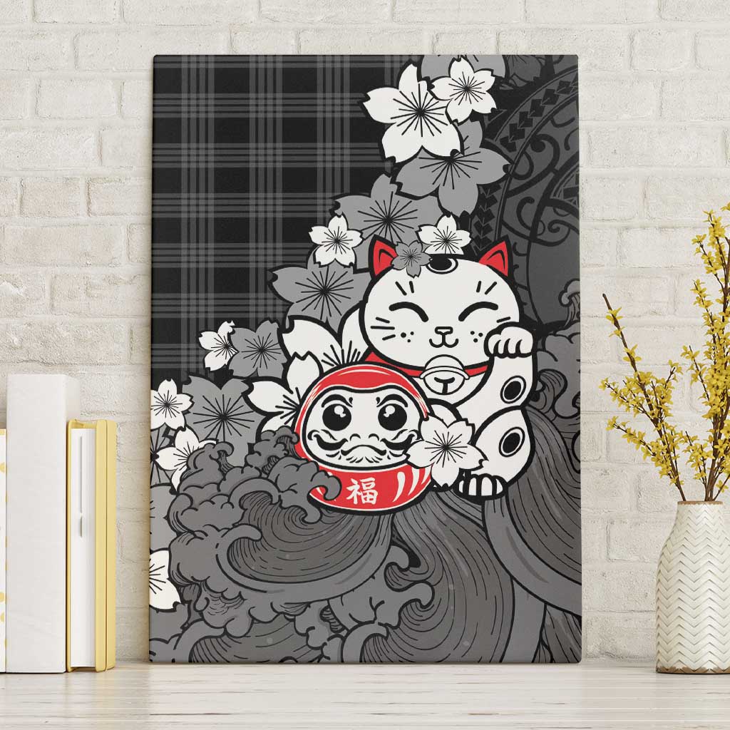 Black Palaka Hawaiian And Japanese Canvas Wall Art Maneki Neko And Sakura Bloom