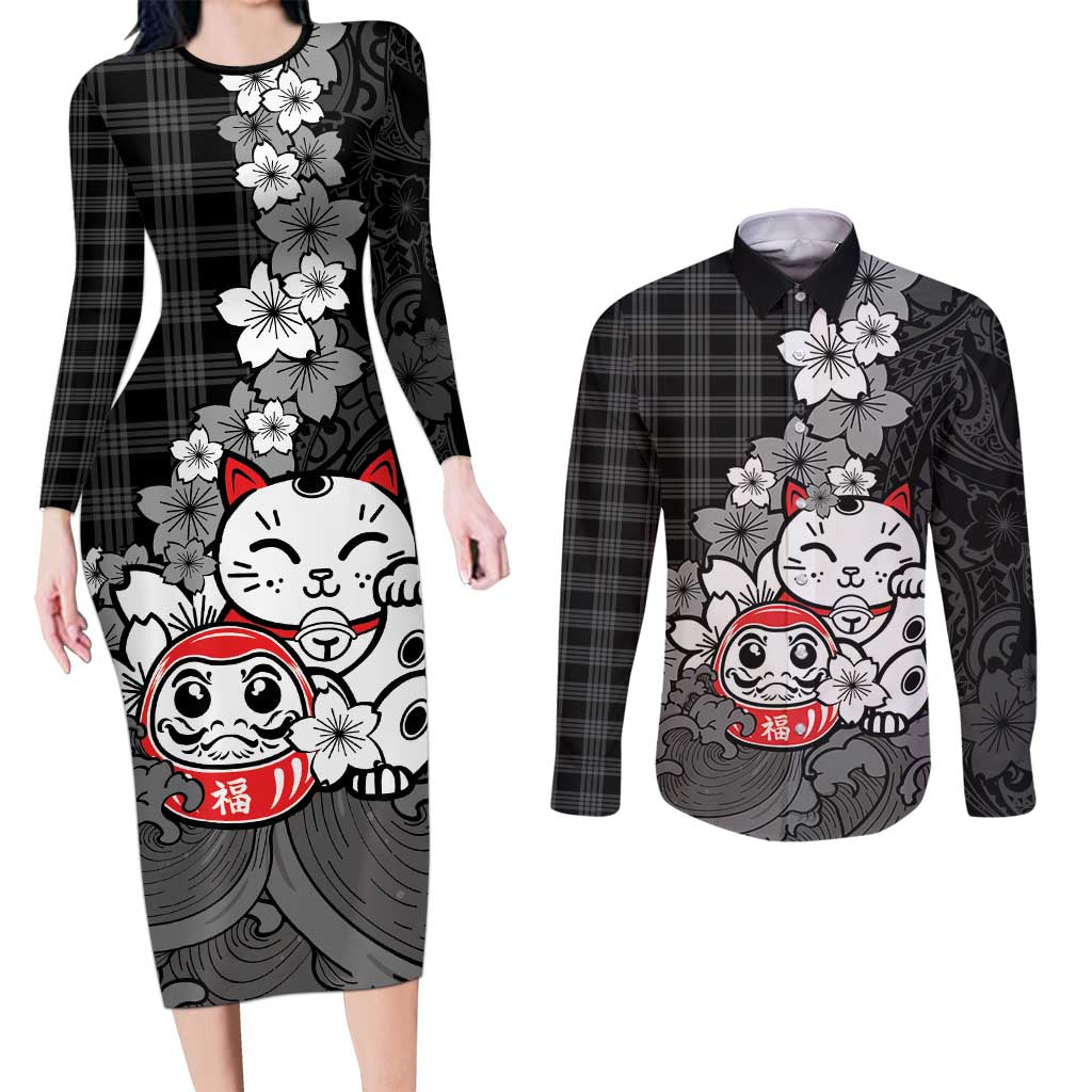 Black Palaka Hawaiian And Japanese Couples Matching Long Sleeve Bodycon Dress and Long Sleeve Button Shirt Maneki Neko And Sakura Bloom DT05 Black - Polynesian Pride