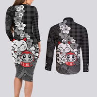 Black Palaka Hawaiian And Japanese Couples Matching Long Sleeve Bodycon Dress and Long Sleeve Button Shirt Maneki Neko And Sakura Bloom DT05 - Polynesian Pride