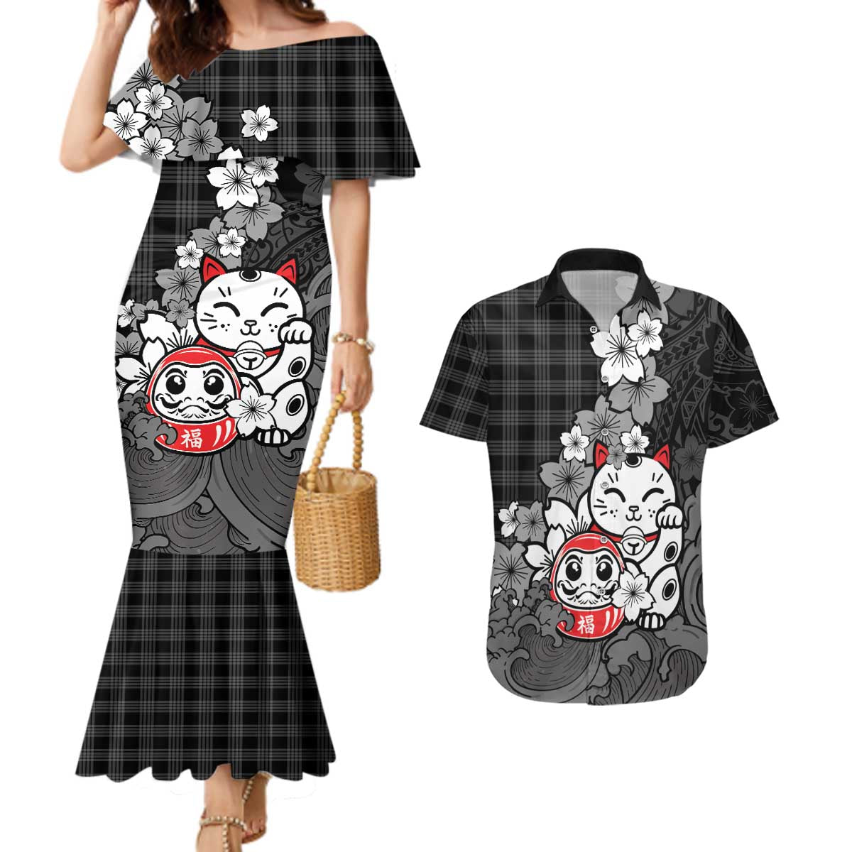 Black Palaka Hawaiian And Japanese Couples Matching Mermaid Dress and Hawaiian Shirt Maneki Neko And Sakura Bloom DT05 Black - Polynesian Pride