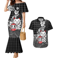 Black Palaka Hawaiian And Japanese Couples Matching Mermaid Dress and Hawaiian Shirt Maneki Neko And Sakura Bloom DT05 Black - Polynesian Pride