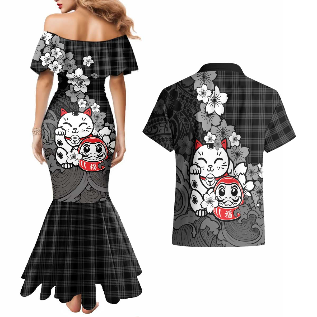Black Palaka Hawaiian And Japanese Couples Matching Mermaid Dress and Hawaiian Shirt Maneki Neko And Sakura Bloom DT05 - Polynesian Pride