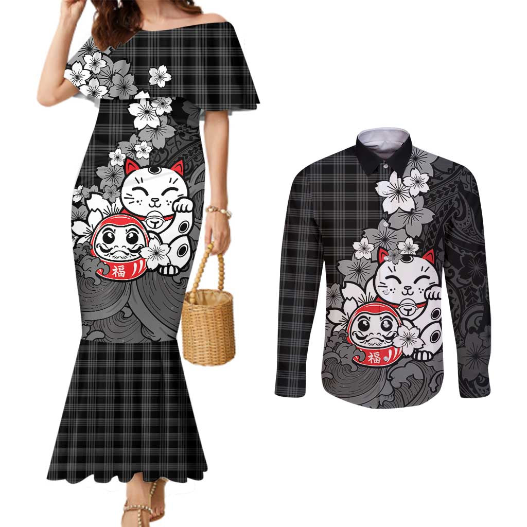 Black Palaka Hawaiian And Japanese Couples Matching Mermaid Dress and Long Sleeve Button Shirt Maneki Neko And Sakura Bloom DT05 Black - Polynesian Pride