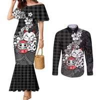 Black Palaka Hawaiian And Japanese Couples Matching Mermaid Dress and Long Sleeve Button Shirt Maneki Neko And Sakura Bloom DT05 Black - Polynesian Pride