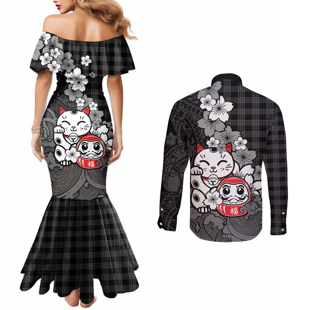 Black Palaka Hawaiian And Japanese Couples Matching Mermaid Dress and Long Sleeve Button Shirt Maneki Neko And Sakura Bloom DT05 - Polynesian Pride