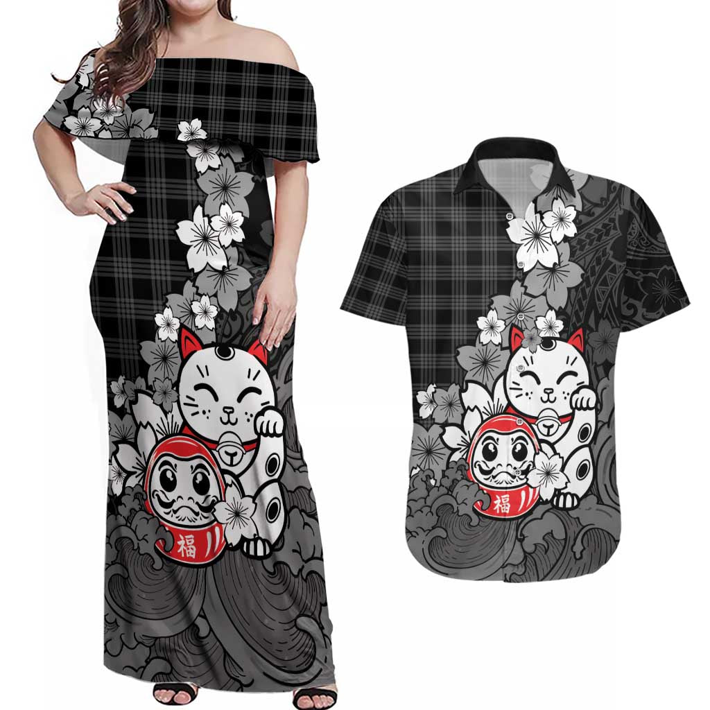 Black Palaka Hawaiian And Japanese Couples Matching Off Shoulder Maxi Dress and Hawaiian Shirt Maneki Neko And Sakura Bloom DT05 Black - Polynesian Pride