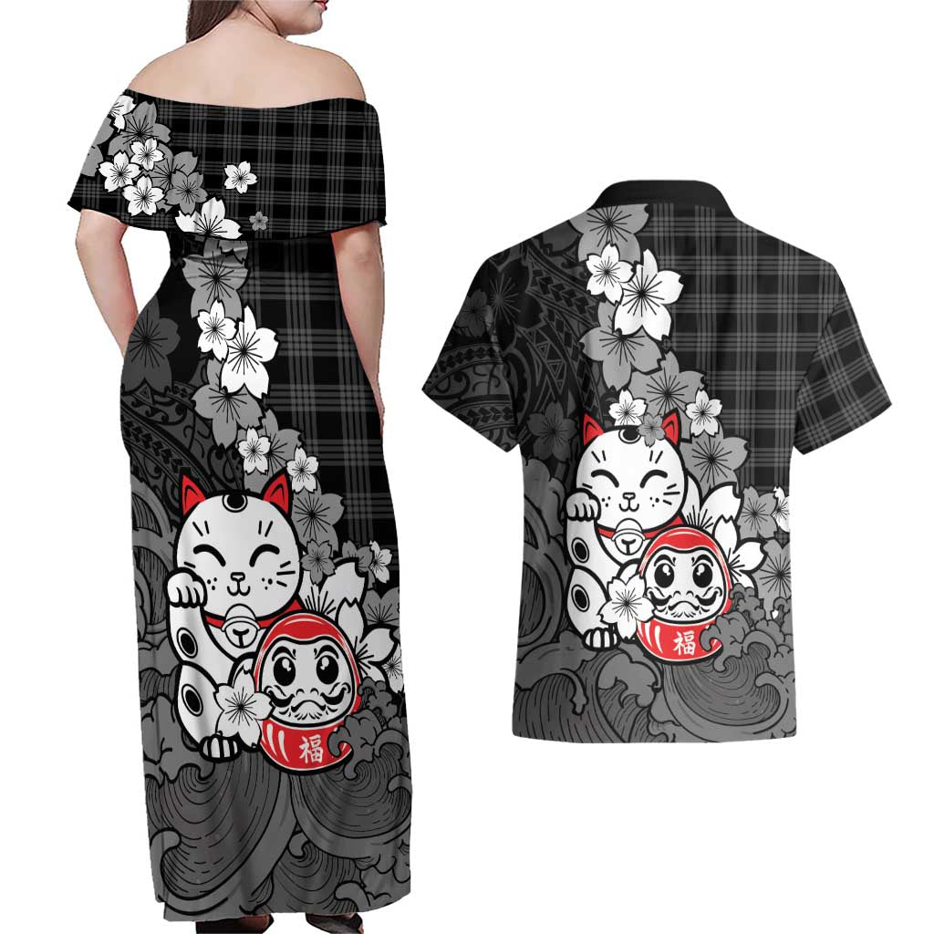 Black Palaka Hawaiian And Japanese Couples Matching Off Shoulder Maxi Dress and Hawaiian Shirt Maneki Neko And Sakura Bloom DT05 - Polynesian Pride