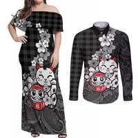 Black Palaka Hawaiian And Japanese Couples Matching Off Shoulder Maxi Dress and Long Sleeve Button Shirt Maneki Neko And Sakura Bloom DT05 Black - Polynesian Pride